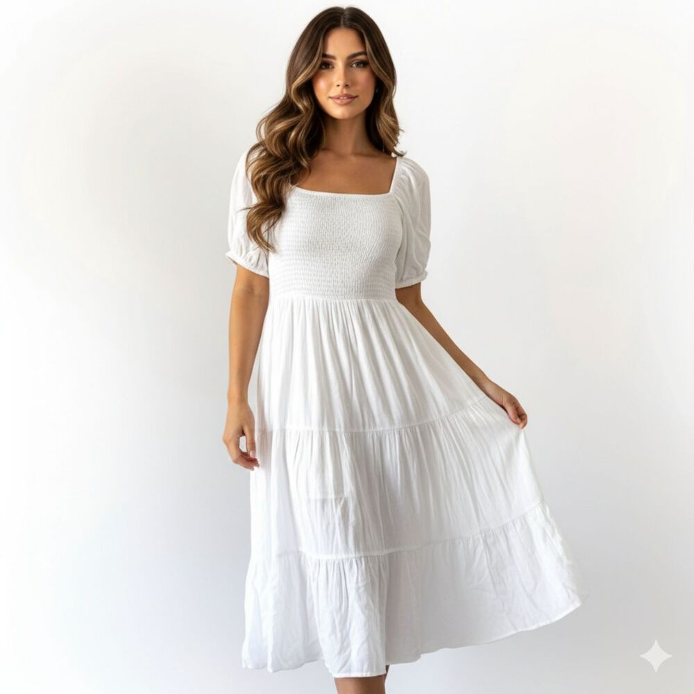 New York & Company White Tiered Smocked Maxi Dress